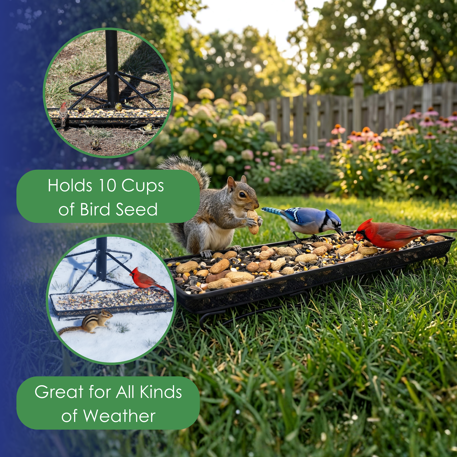 Backyard Essentials Mammoth Deck and Ground Feeder Tray - Metal Bird Feeder Tray for Cardinals, Finches Woodpeckers, Jays and Squirrels