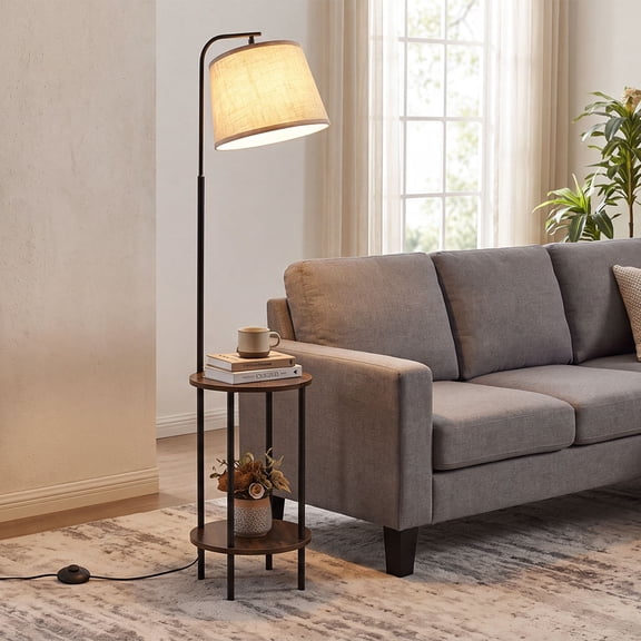DEWENWILS Floor Lamp with Table for Living Room, 62in Rustic Farmhouse Wooden Floor Lamps, Attached End Table with Lamp for Bedroom, Office, Read Lighting, Home Decor, Brown