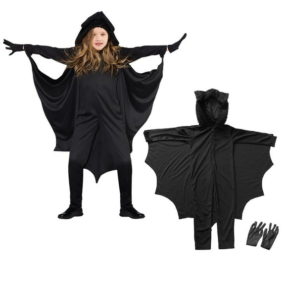 Girls Bat Halloween Jumpsuit With Hooded Cape Outfit For Kids Toddler Party Dress Up Play