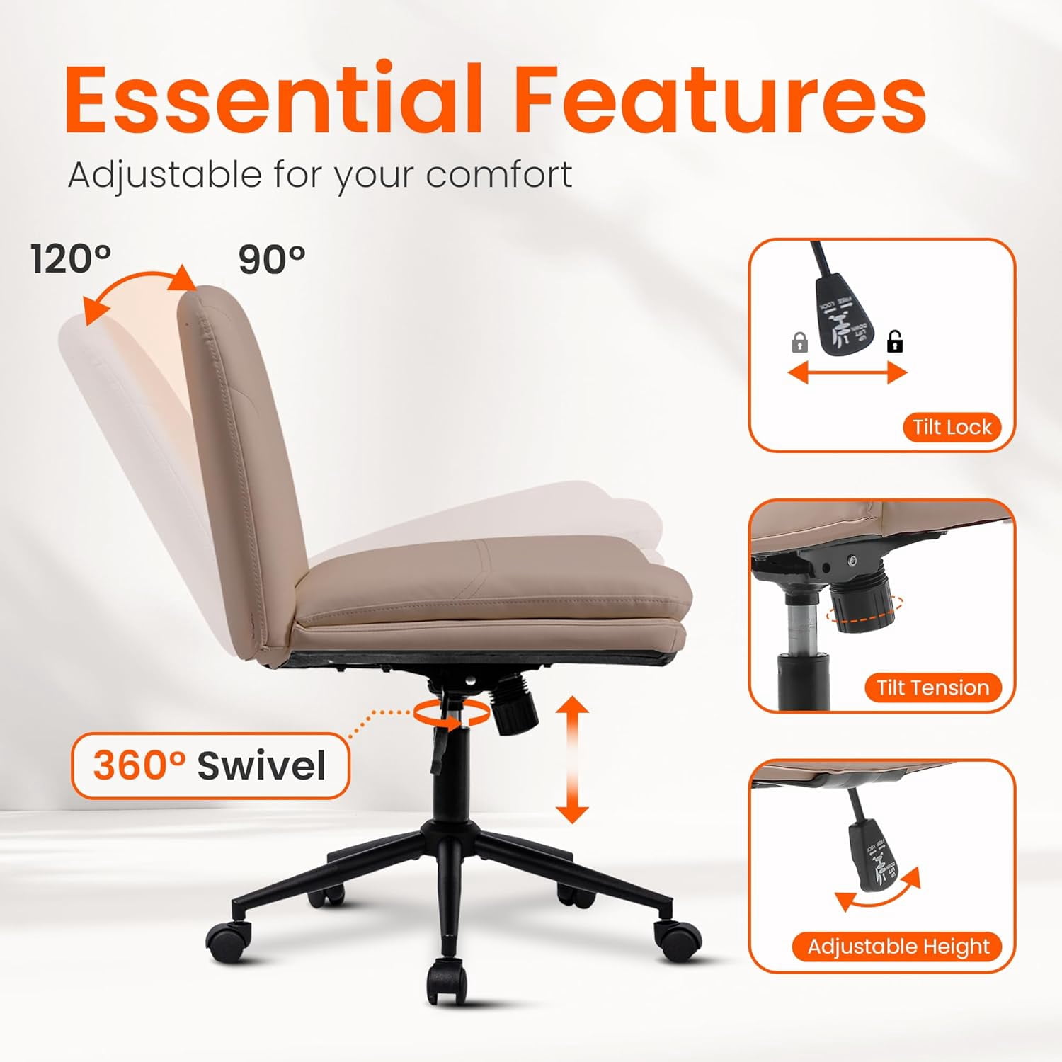 Orange Factory Criss Cross Chair with Wheels Comfy Wide Vanity Desk Chair Dual Base Leather Armless Adjustable Swivel for Home Computer Task (Brown Pu, Faux Leather)