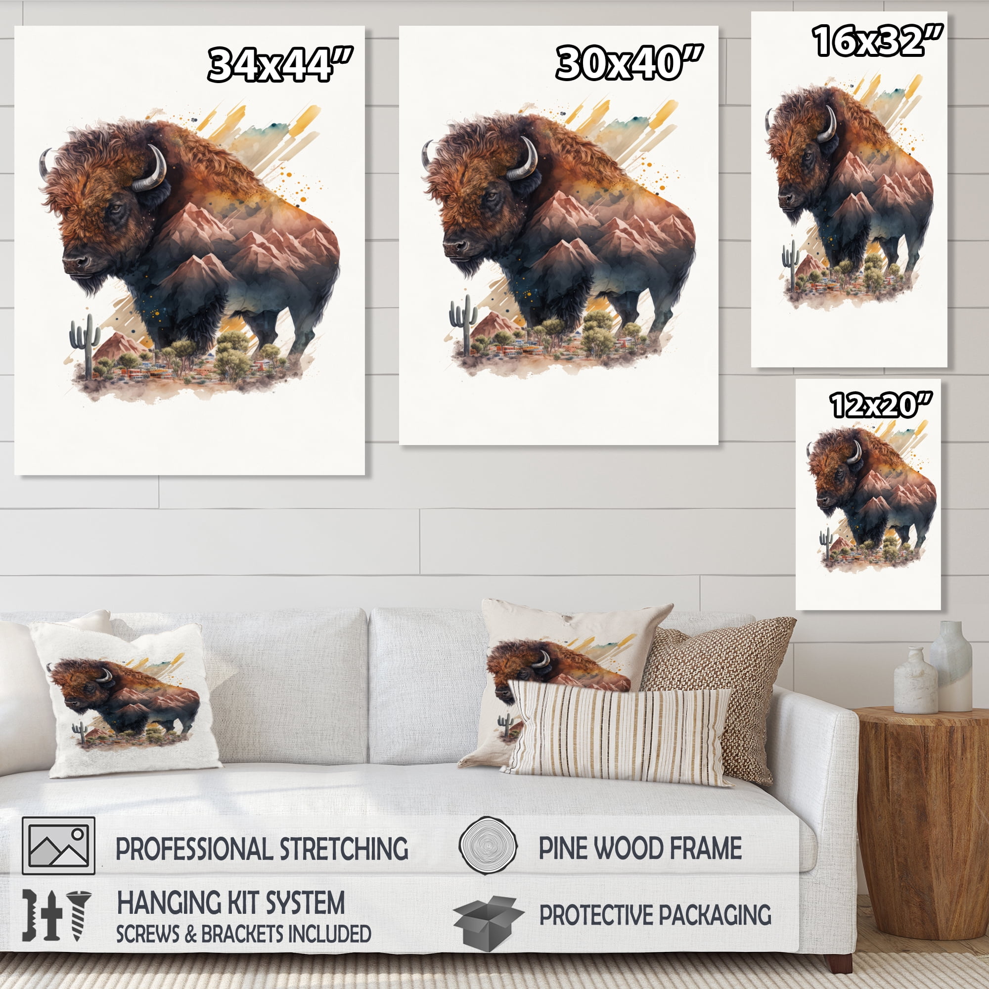 Designart Double Exposure Of A Buffalo With Nevada Landscape II Canvas Wall Art