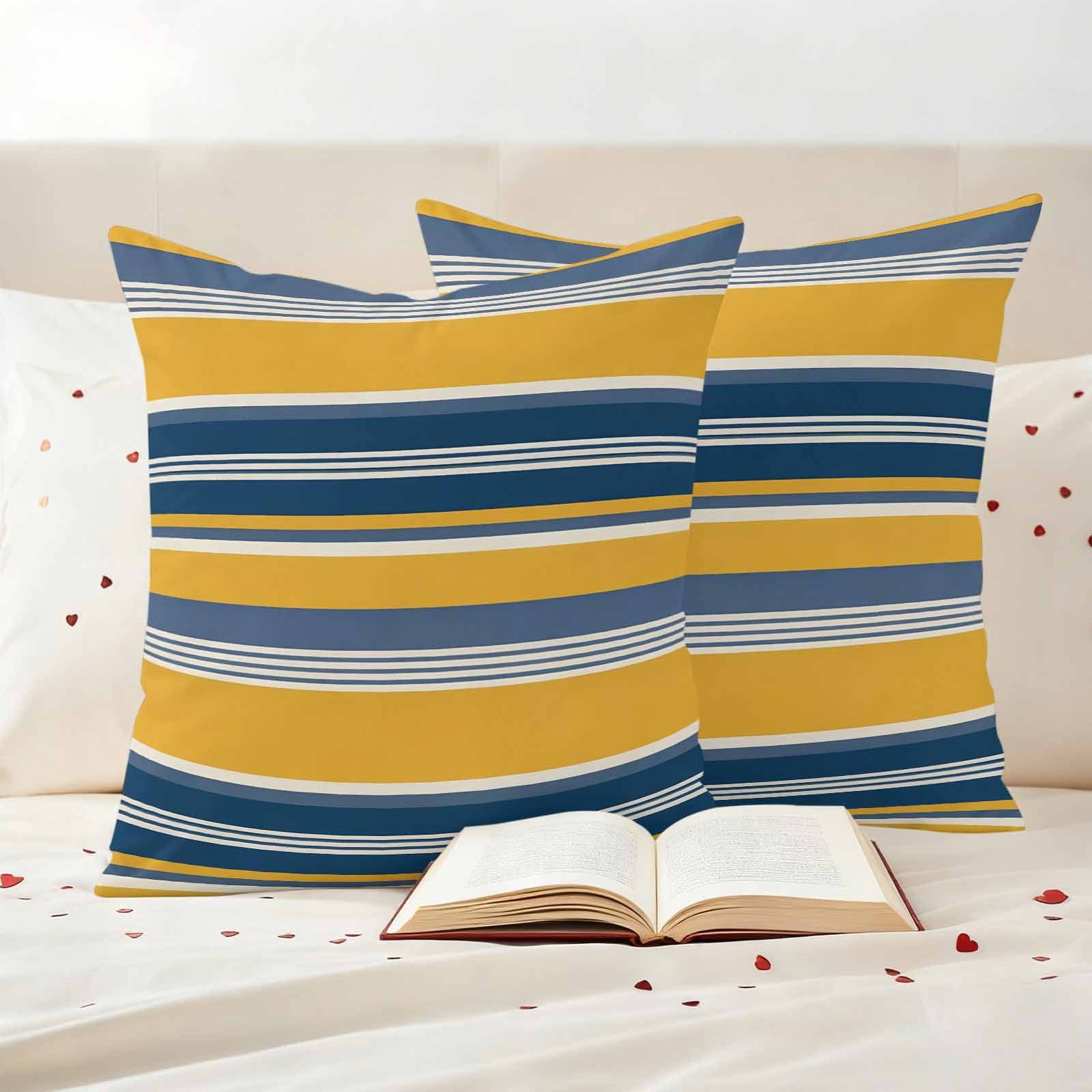 Yellow Blue Striped Outdoor Waterproof Pillow Covers, Farmhouse Vintage Stripe Decorative Square Throw Pillowcase Sofa Cushion Sham for Patio/Couch/Chair, 20"x20" 2 Pack