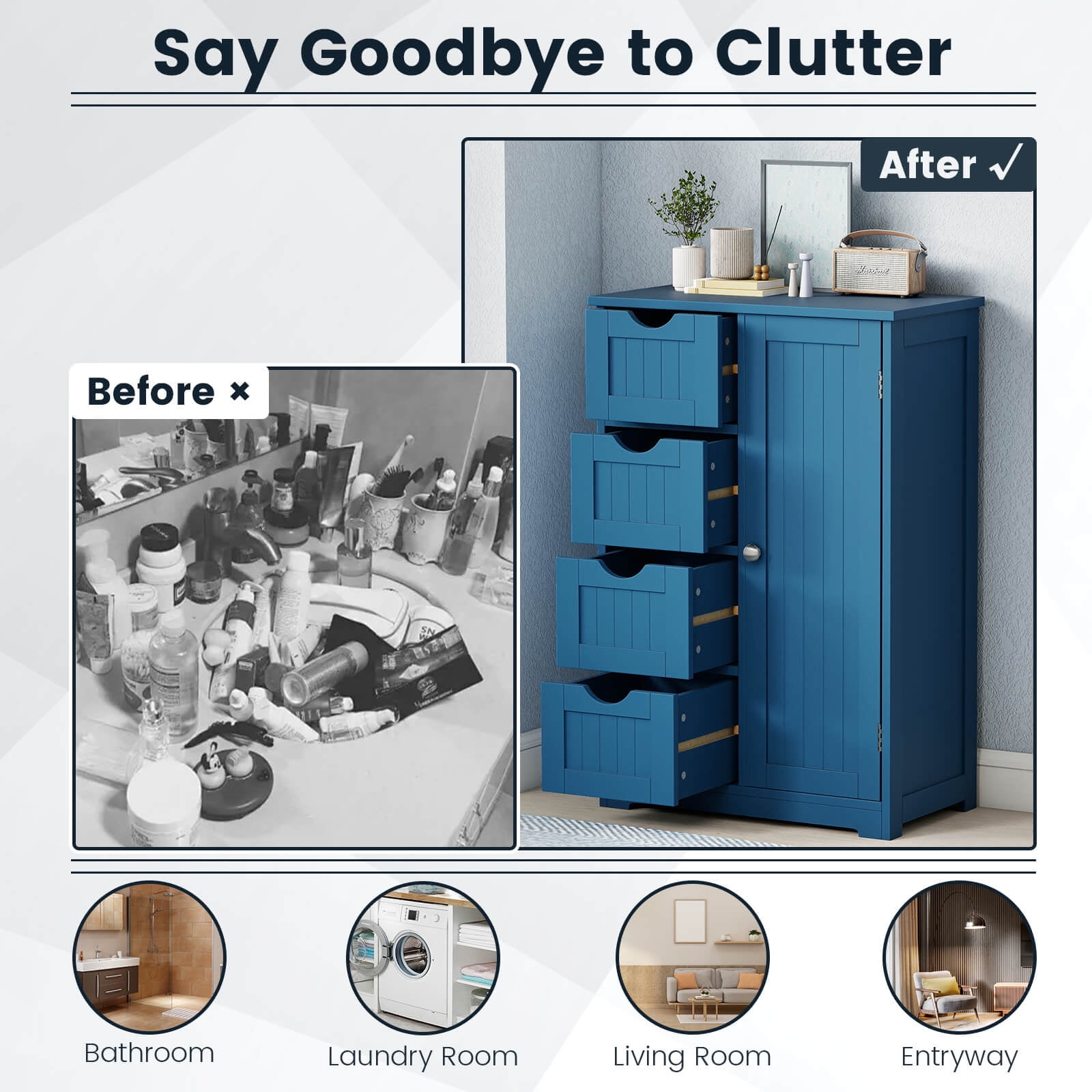 Costway Wooden 4 Drawer Free Standing Bathroom Floor Cabinet Storage Cupboard Adjustable Blue
