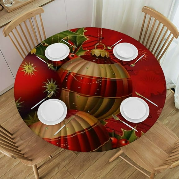 Orinice Ornaments Holly Berry Round Table Cover Stain Resistant Washable Indoor Outdoor Tablecloth Kitchen Dining Wedding Parties 100% Polyester Fiber Christmas Theme 31-35