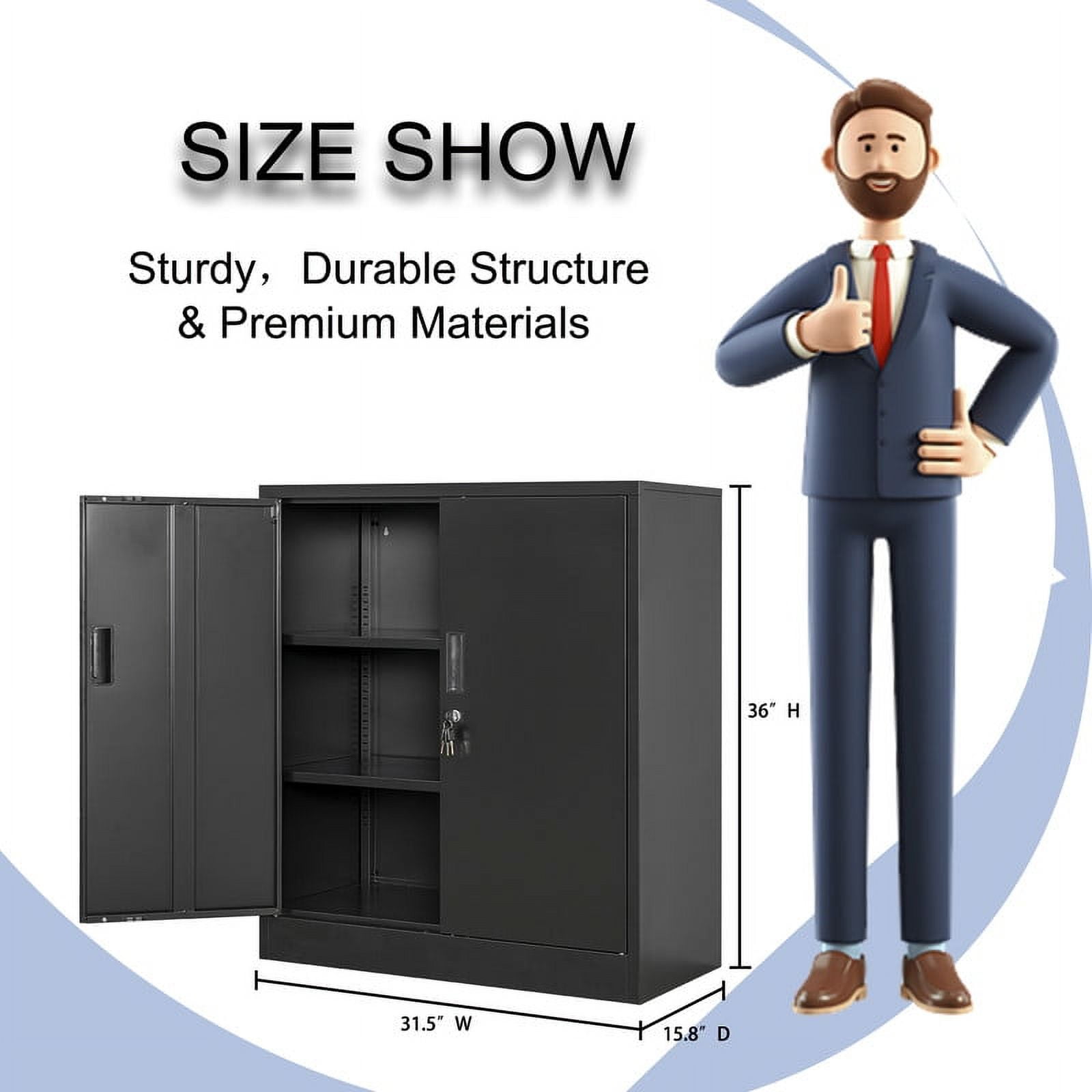 CJF Metal Storage Cabinet, Steel Locking Storage Cabinet with 2 Shelves for Home, Office, Garage, 36.2" H x 31.5" W x 15.7" D (Black)