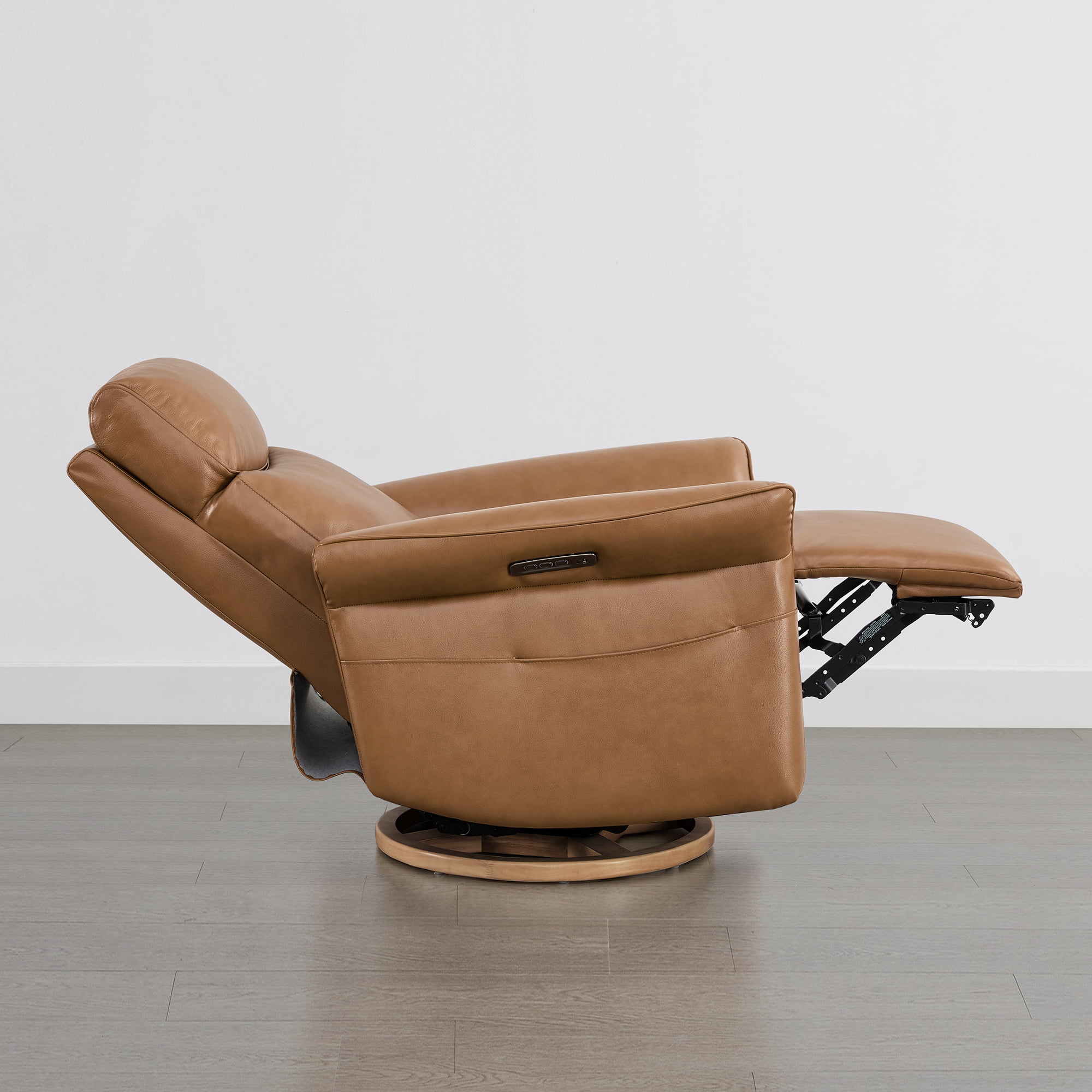 Spruce & Spring 270° Power Swivel Leather Glider Recliner with Power Headrest & Lumbar, USB & Type-C Charging, for Nursery & Living Room, Saddle Brown
