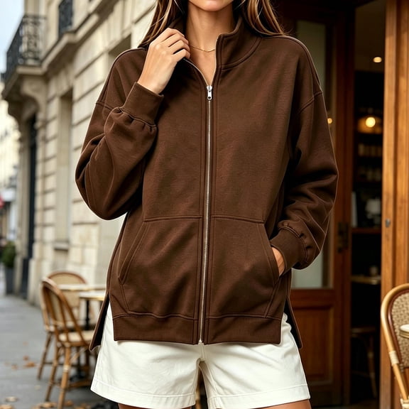 IUYRTFE Women's Full-Zip Track Jacket Stand Collar Oversized Casual Side Slit Sweatshirt with Pockets