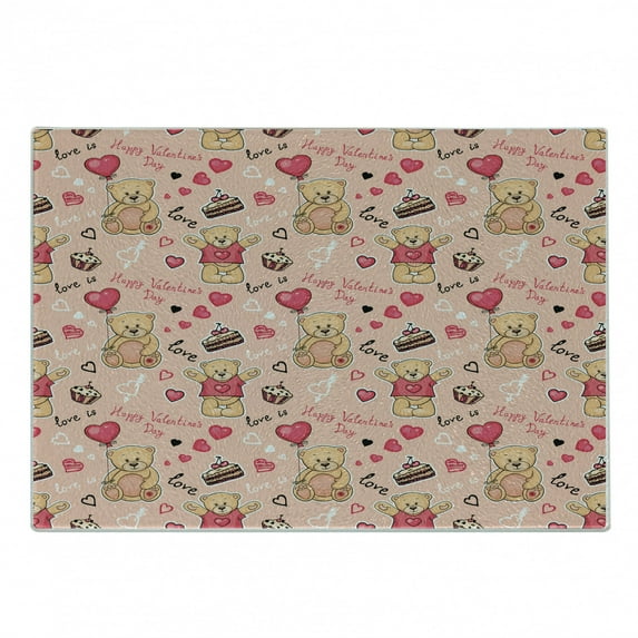 Valentines Cutting Board, Teddy Bears Celebrating Your Happy Valentines Day Cakes Balloons, Decorative Tempered Glass Cutting and Serving Board, Small Size, Coral Brown Peach, by Ambesonne