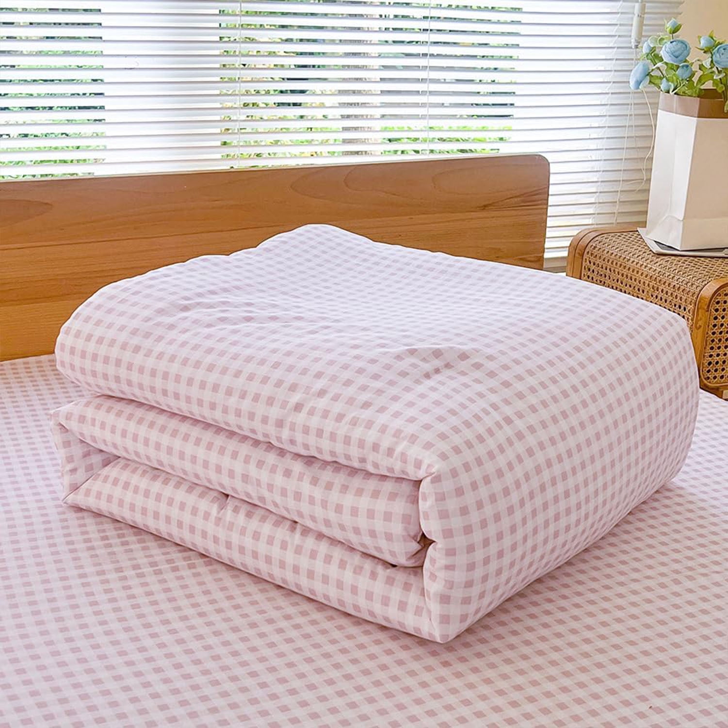 Pink Gingham King Comforter Set, Pink Plaid Bedding Set, Checked Bed Comforter 3 Pieces(Pink Gingham, King)