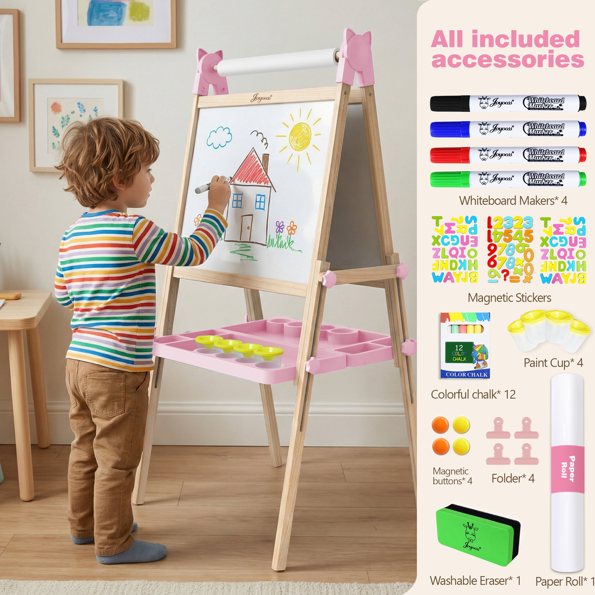 JOYOOSS Easel for Kids Ages 4-8 Easels for Toddlers Art Kids Easel Age 8-12 Wooden Drawing Easels Double-Sided Magnetic Whiteboard Chalkboard with Paper Roll for Kid Dry Erase Board P