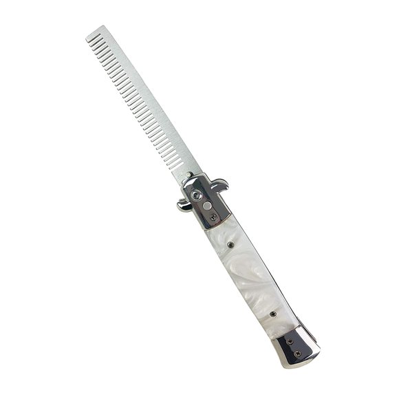 Switchblade Comb Pocket Knife Hair Brush Automatic Push Button Folding Barber (White Marble)