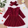 thumbnail image 4 of Youmylove Two Piece Girls Outfits Toddler Girls Long Sleeve Dresses Solid Bowknot Princess Dress Headbands Set, 4 of 8