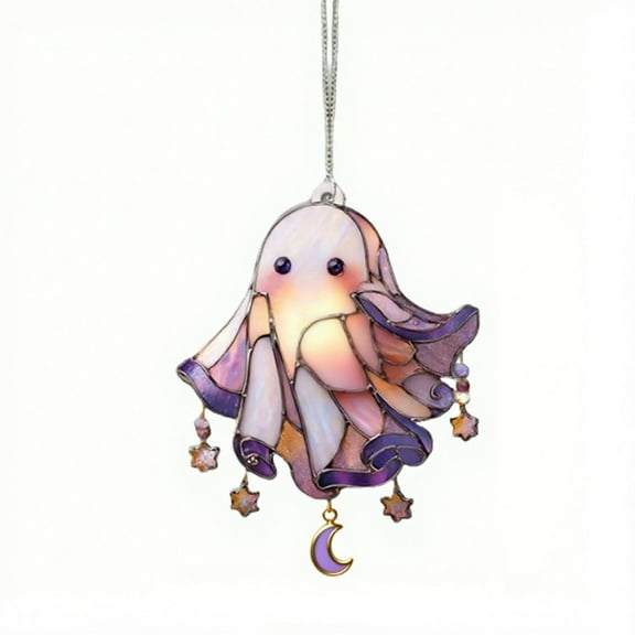 HHBEAUTY Adorable Coquette Pink Ghost Suncatcher, Preppy Halloween Cute Faux Stained Glass Window Hanging, Halloween Spooky Decor
