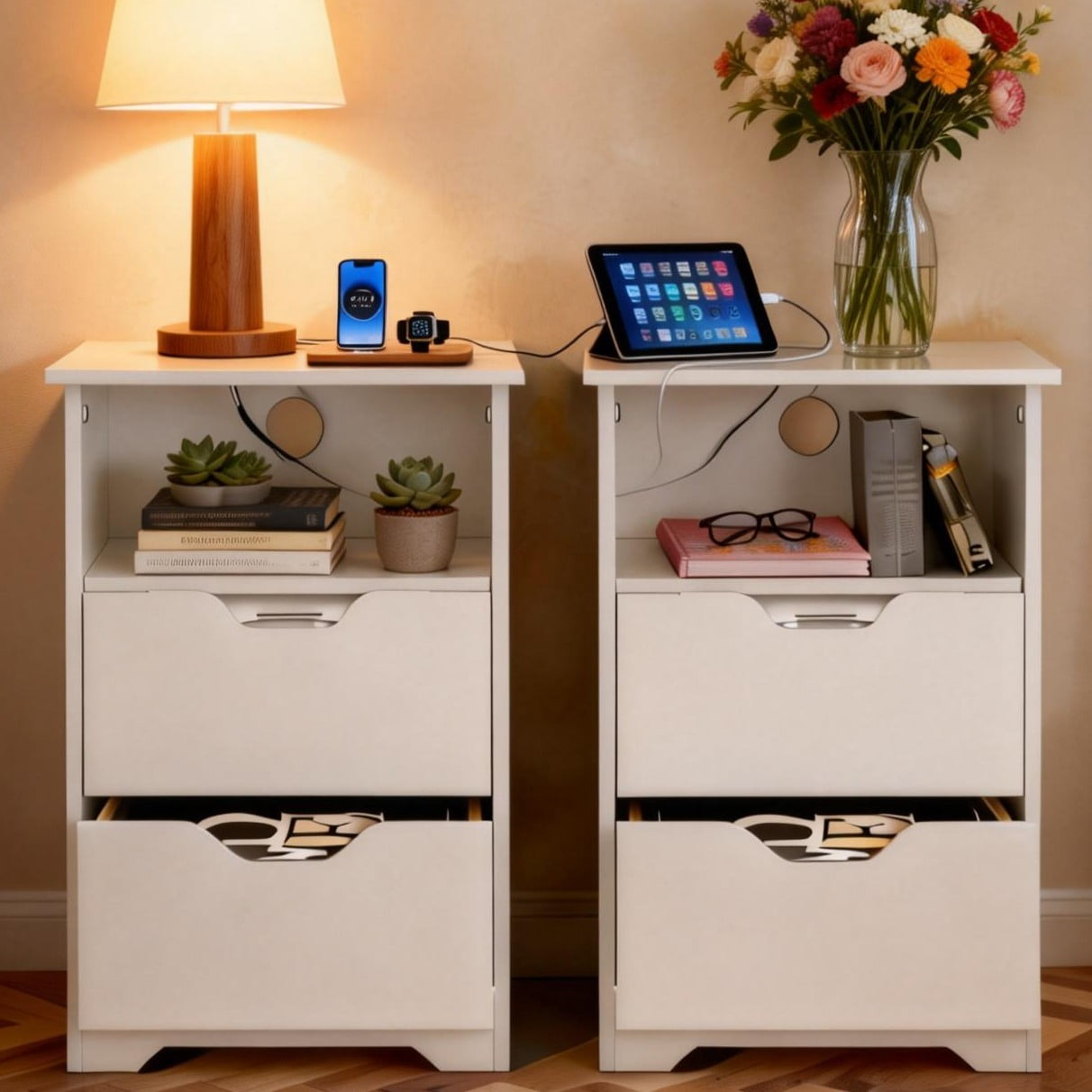 Ktaxon Set of 2 NightStand with Charging Station BedsideTable with 2 Storage Drawers,End Side for Bedroom,Country Style White