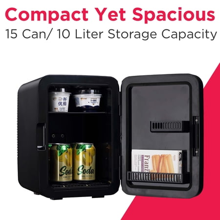 FRIGIDAIRE RETRO 10L MINI PERSONAL REFRIGERATOR, 15-CAN CAPACITY MINI FRIDGE FOR BEVERAGES AND SKINCARE, BLACK STAINLESS STEEL