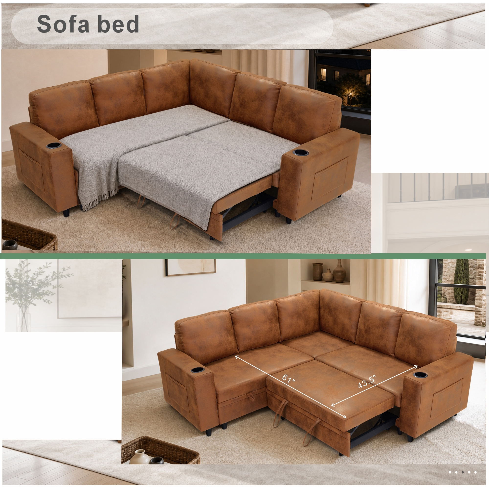 Leumius 76.5" Sectional Sleeper Sofa with Pull Out Bed,Storage Seat & Cup Holders,L-Shape Modern Upholstered Sofa Couch Convertible Corner Couch for Living Room,
