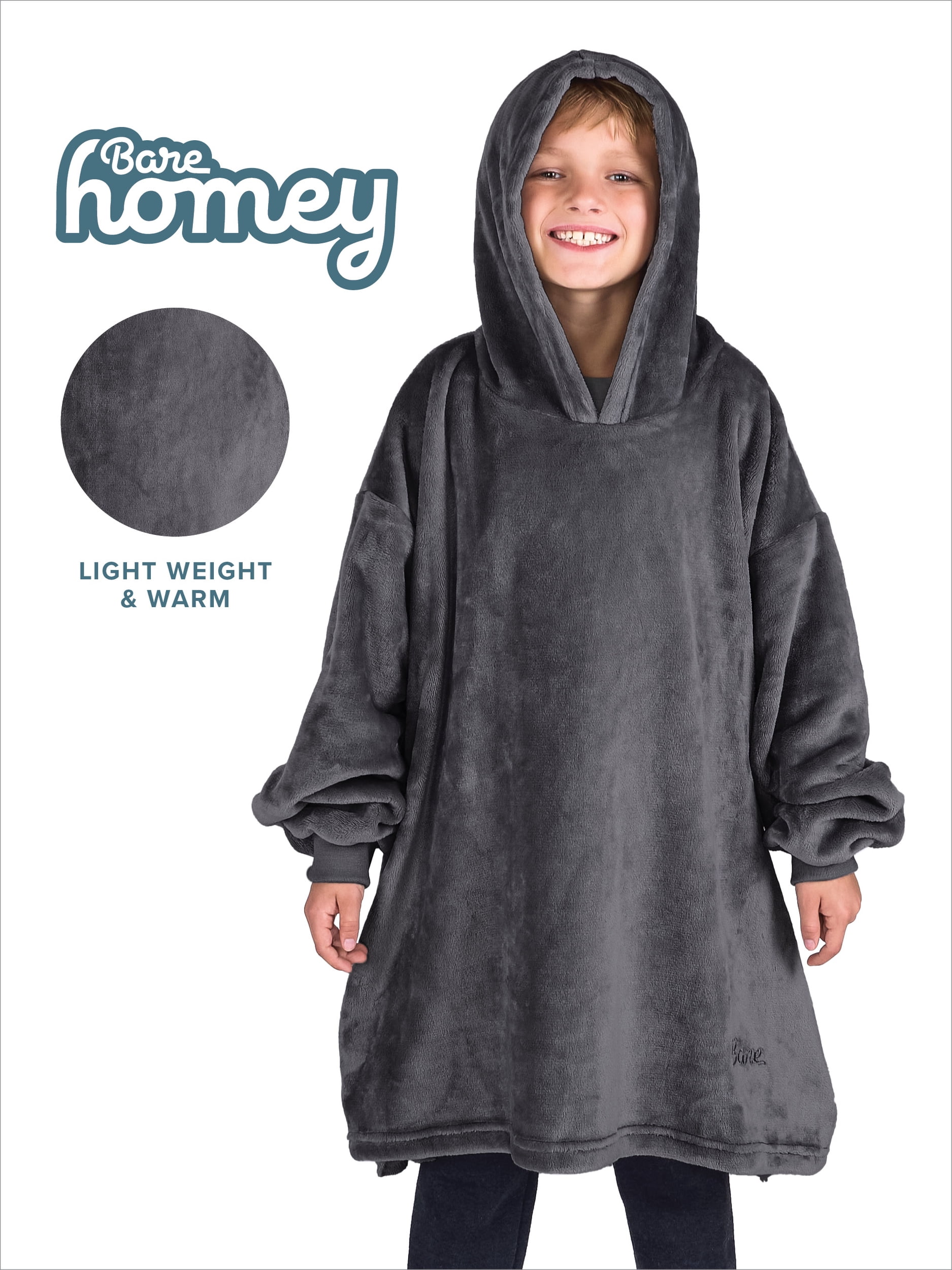 Bare Homey Kids Size Microplush Wearable Blanket - Side Pockets - Warm - Velvety Soft, Forged Iron Gray