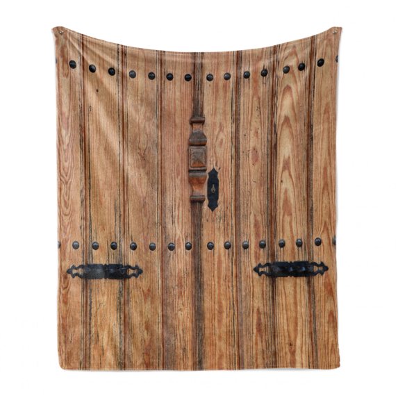 Rustic Soft Flannel Fleece Throw Blanket, Wooden Door with Iron Style Padlock Gate Exit Enclosed Space of Building Picture, Cozy Plush for Indoor and Outdoor Use, 50" x 60", Pale Brown, by Ambesonne