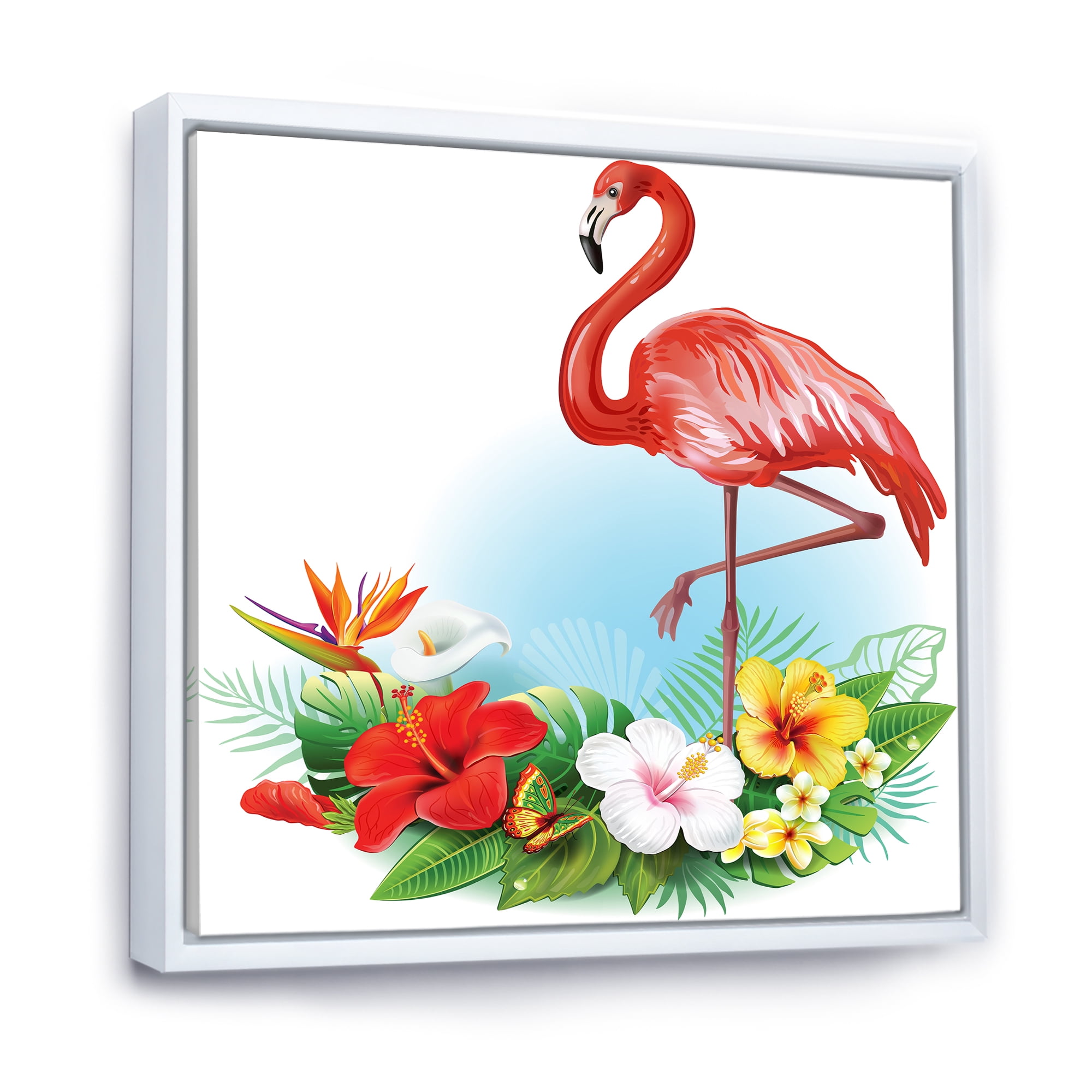Designart 'Arrangement with Flamingo and Tropical Flowers' Traditional Framed Canvas Wall Art Print