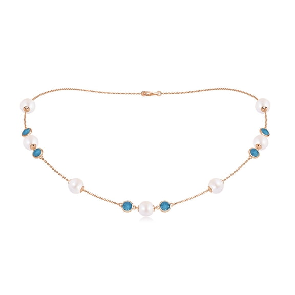 ANGARA 16" Japanese Akoya Cultured Pearl & London Blue Topaz Station Necklace in 14K Rose Gold for Women | June Birthstone, Birthday, Anniversary, Jewelry Gift for Women | Pearl Necklace