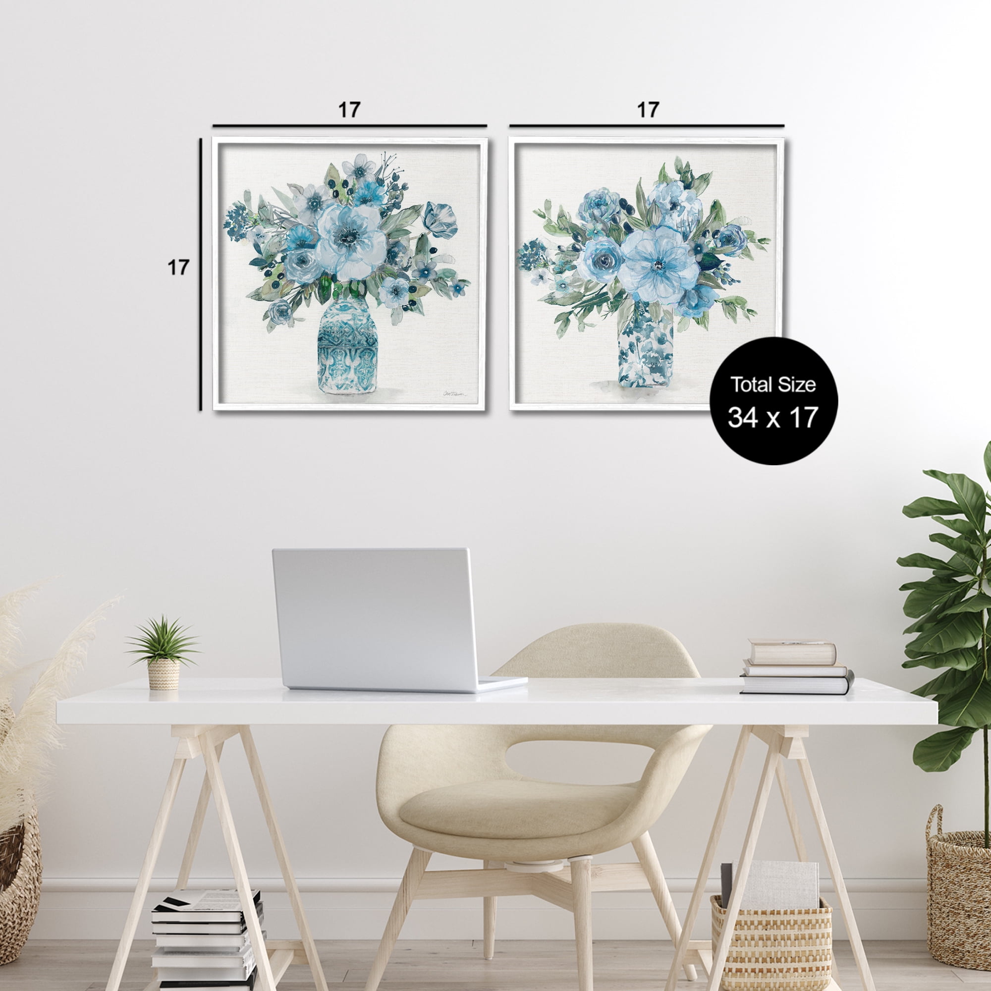 Stupell Industries Pastel Blue Floral Vase Arrangements 2 Piece White Framed Giclee Art Set, design by Carol Robinson