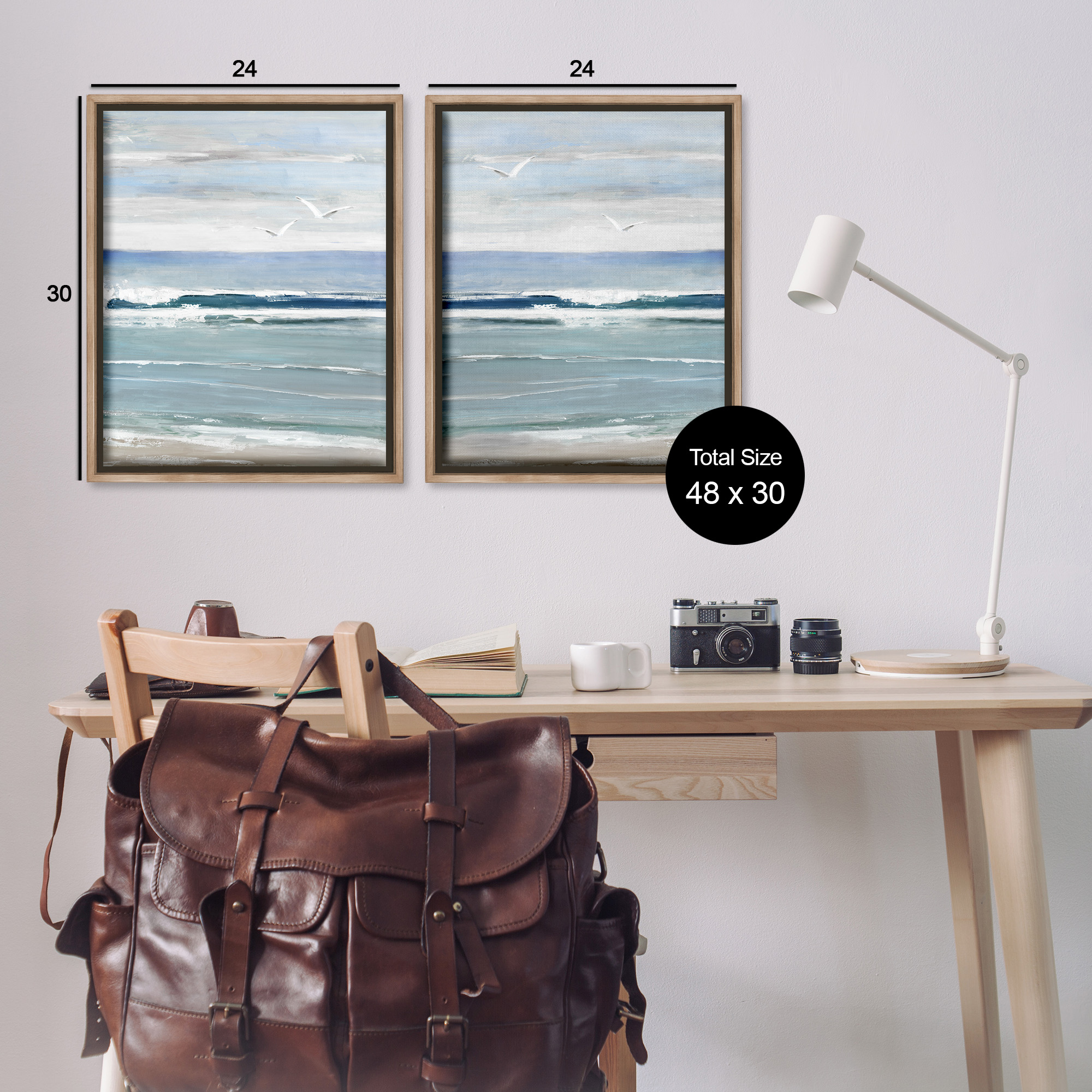 Stupell Industries Seagulls over Beach Waves Landscape Painting Brown Floater Framed Canvas Art Print Wall Art, 25 x 31, Set of 2