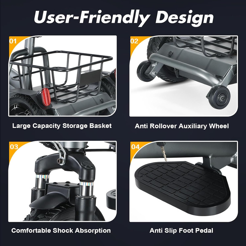 3 Wheel Mobility Scooters for Seniors, Lightweight Foldable Motorize Scooter with 300W Motor, Basket and Light, 43 lbs, 12 Miles Range