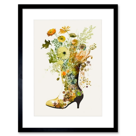 Wildflower Bouquet in High Heel Boot Glass Vase Artwork Framed Wall Art Print 9X7 Inch