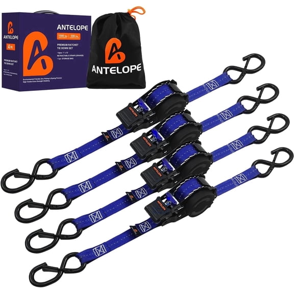 A ANTELOPE 4-Pack Heavy Duty Auto Retractable Ratchet Tie-Down Straps, 1" x 12' 1500LBS Breaking Strength, Weather Resistant S-Hooks for Cargo Securing, Blue