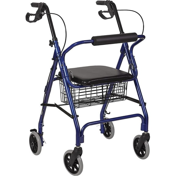 HealthSmart Rollator Walker, Adjustable Handle Height Folding Walker, Light Weight Aluminum Walker With Basket, Cushioned Seat and Padded Backrest, 23 x 24 x 30.5 Inches, Royal Blue