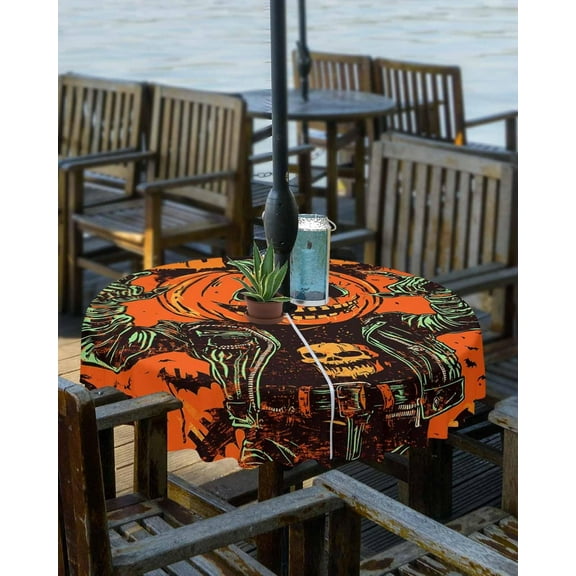 Halloween Outdoor Tablecloth - 60 Inch Round Dining Table Cover, Orange Pumpkins Skull Watercolor Waterproof Outdoor Table Cloth with Umbrella Hole & Zipper for Picnic/Patio/Party