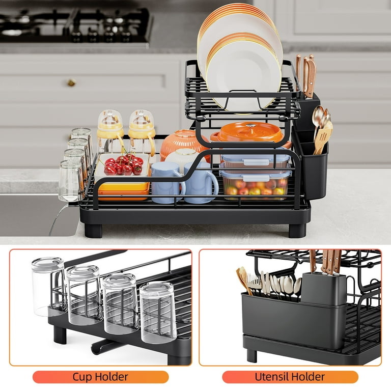 TOOCA BEAR Large Two-Tier Dish Drying Rack - Black | Big Space-Saving Kitchen Helper