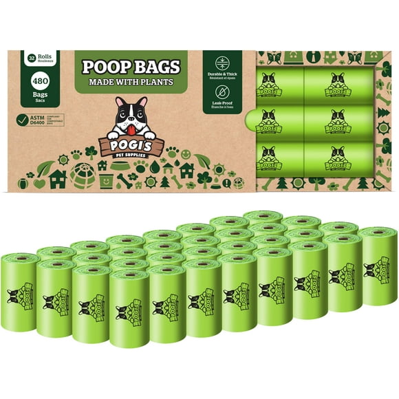 Pogi's Sacs de Caca Compostables – Étanches, Très Grands, à Base de Plantes, Compostables pour la Maison – 32 Rouleaux (480 Sacs)