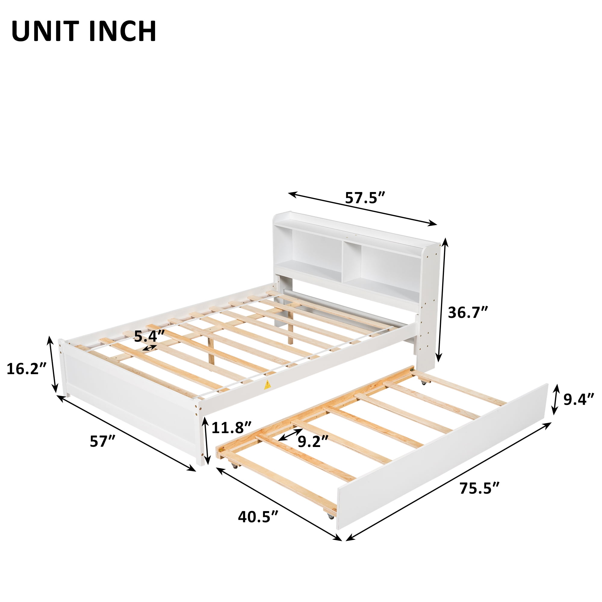 Miniyam Full Size Bed Frame with Trundle & Bookcase Headboard for Kids and Teens, White