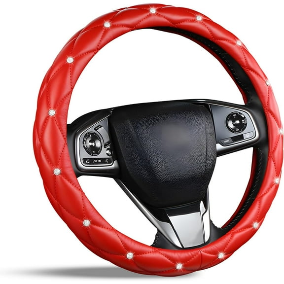 Cute Sparkly Red Car Steering Wheel Cover, Soft Breathable Anti-Slip PU Leather Steering Wheels Covers with Diamond Bling Rhinestone,Universal Protector Cars Accessories