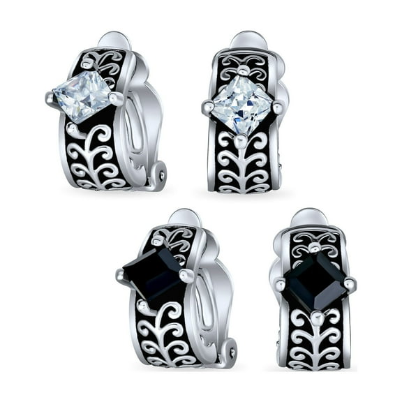 Bling Jewelry Womens Set of 2 Black Clear Crystal Vines Scroll Half Hoop Clip-On Earrings Non-Pierced