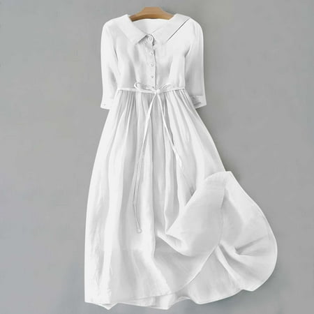 Summer Saving!Womens Cotton Floral Midi Dresses Cotton Linen Vintage Dresses for Women 2024 Babydoll Collar Button Lace-Up Dress 3/4sleeve A Line Sundress Casual Pleated Flowy Summer Beach Dress