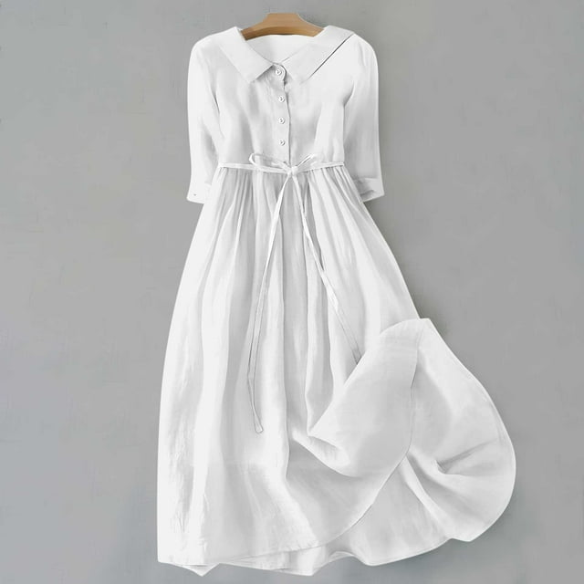 Fartey Robes Midi pour Femmes Décontractées Rétro Couleur Unie Robe en Coton et Lin Été Boutonnée Col à Revers à Lacets Manches 3/4 Robe de Plage