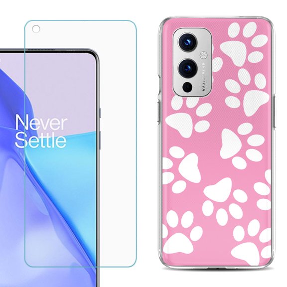 Slim-Fit TPU Phone Case Compatible with OnePlus 9 5G, with Tempered Glass Screen Protector, by OneToughShield ® - Pet Paw/ Pink
