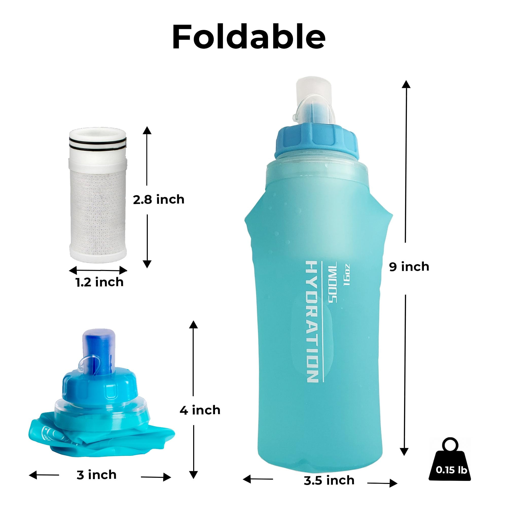 AFISHTOUR Soft Flask with Filter, 500ml BPA-Free Collapsible Soft Water Bottle with Filter for Trail Running, Hiking, Cycling, Fishing, Travel