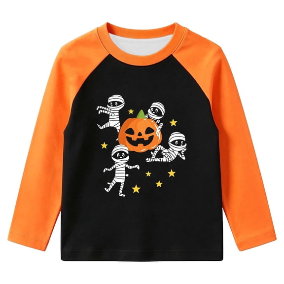 WAYUTE Halloween Kids Boys Pumpkin Cartoon Print Long Sleeve Crewneck Shirts for Toddler Boy Fall Breathable Tunic Tee Casual School,Orange,Size 2-3 Y