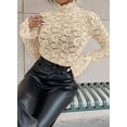 thumbnail image 6 of Women's Floral Lace Mock Neck Long Flounce Sleeve Pullover Sheer Slim Fit Stand Collar Blouse Top S, 6 of 9