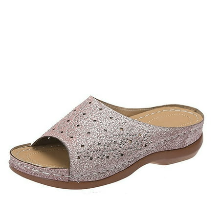 

Fanxing Summer Wedge Sandals for Women Thick Sole Sllip on Slides Slippers with Arch Support Rhinestone Slides