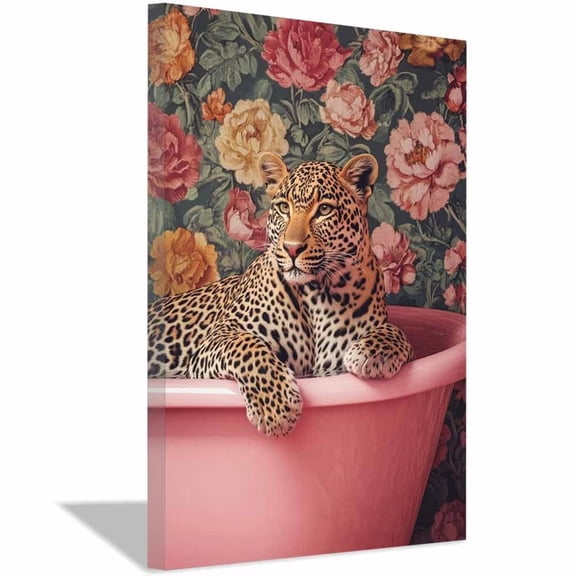 Mudket Framed Leopard in Pink Bathtub Canvas Wall Art, Floral Cheetah Print Bathroom Wall Decor, Cute Trendy Art Ready to Hang - 12"L x 8"W