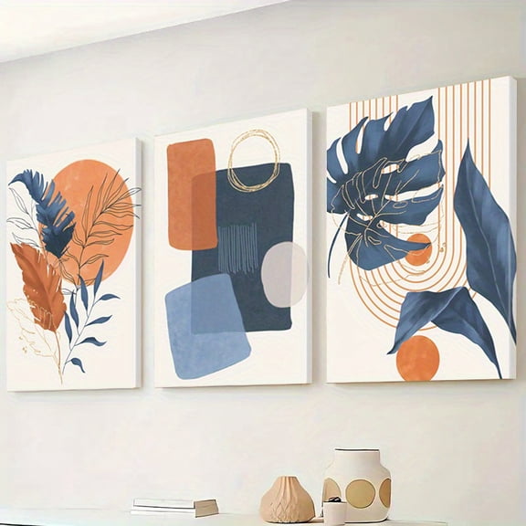 3pcs frameless leaf wall art decoration, blue brown decorative art, abstract canvas art painting, fashionable posters, painting, wall art, room aesthetics, home decoration, gifts, suitable for livin