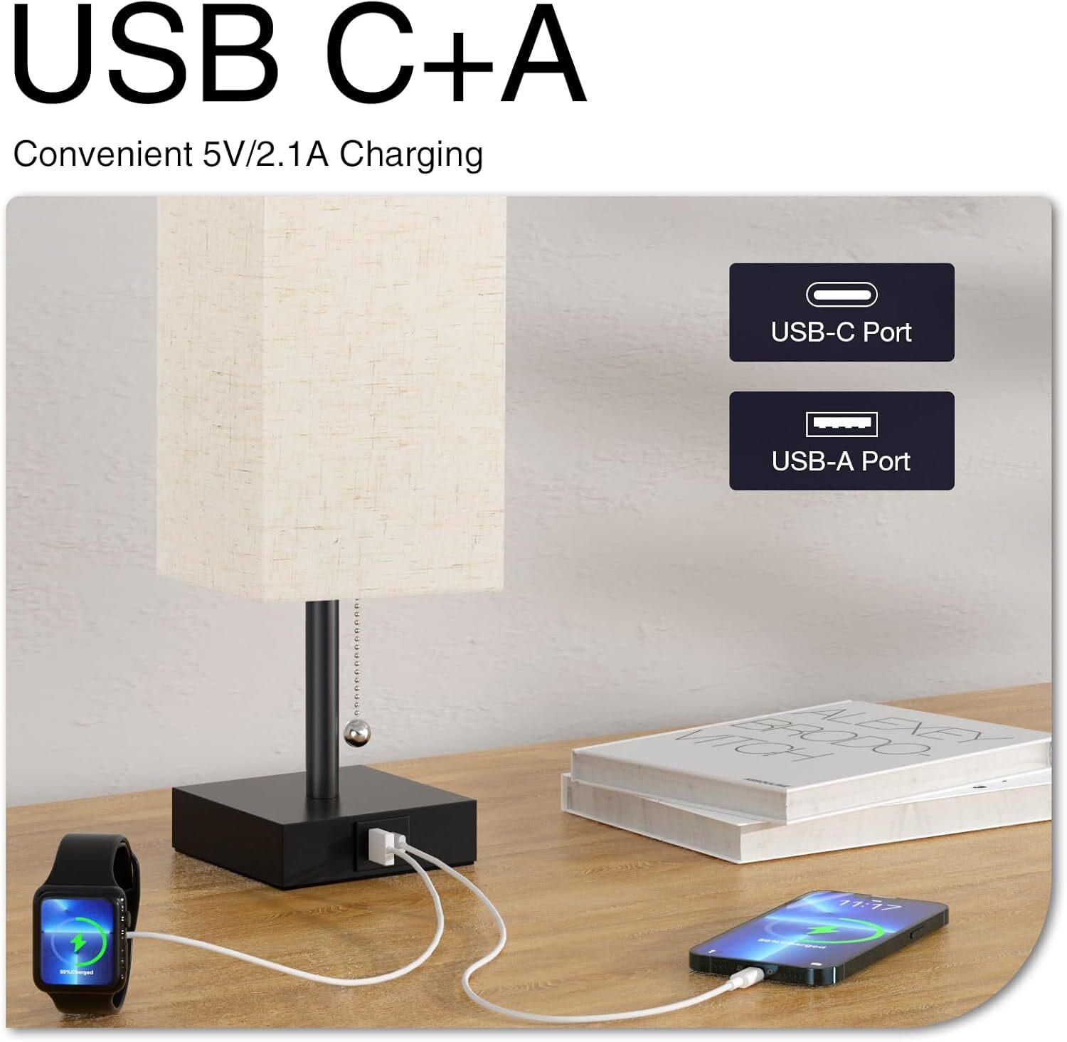 Bedside Table Lamp Pull Chain Table Lamp With USB C&A Fast Charging Port, AC Outlet, Solid Bedroom Lamps with Fabric Shade Nightstand Light for Living Room, Office, Reading (LED Bulb Included)