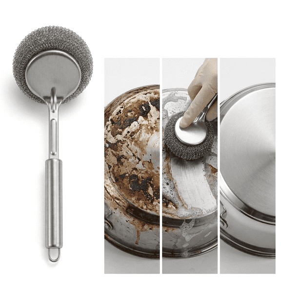 ROSEXIXI Stainless Steel Cleaning Brush Set, 11-Piece Kitchen Scrub Brush with Long Handle - Includes 10 Mesh Scourers for Pots, Pans, Sink & Heavy-Duty Kitchen Cleaning