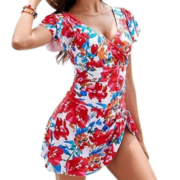 CHICVOMEY Women's One Piece Swimdress Swimsuits for Women Swim Dress Flower Skirt Ruffled Bathing Suit V Neck Tummy Control Swim Dress One Piece Swimsuit Plus Size Swimwear Bathing