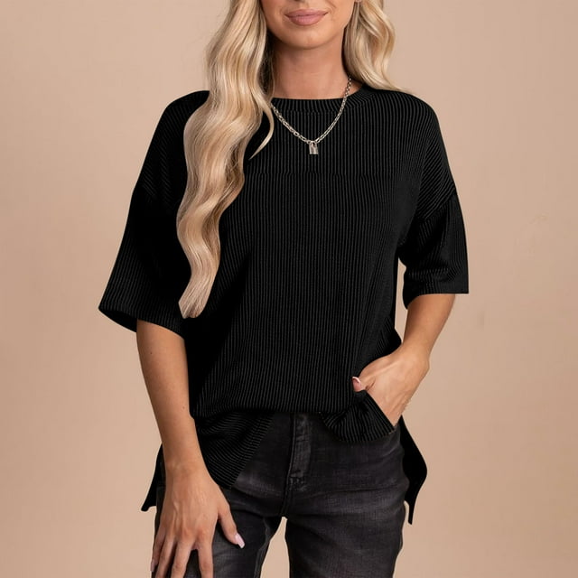 Frostluinai Oversized Tops for Women Crewneck Ribbit Knit Shirts Short Sleeve Drop Shoulder Blouses Solid Color Slit Hem Tshirts Clearance