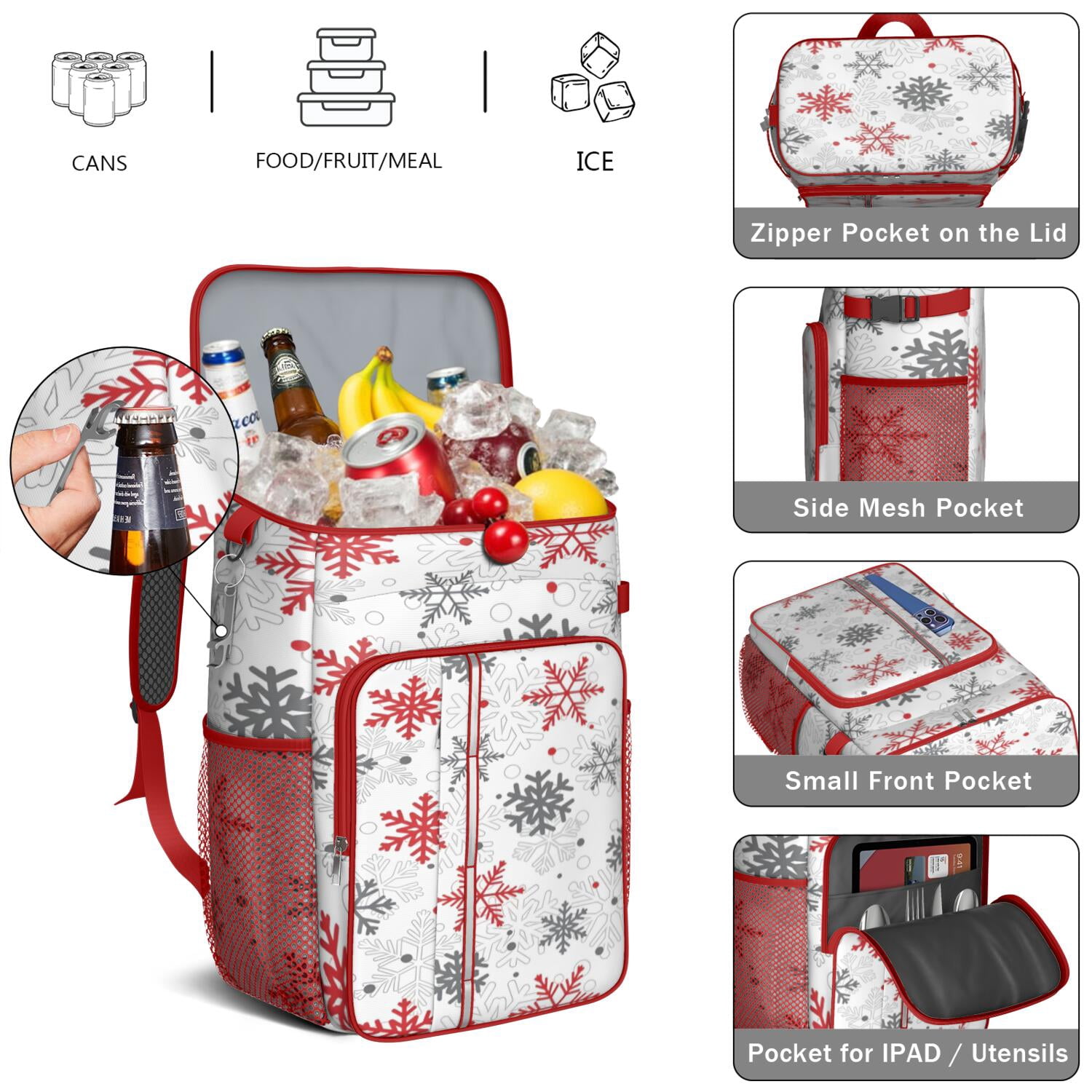 Travel Cooler Bag - White Christmas Snowflake Pattern Camping Beer Cooler Backpack with Bottle Opener- Waterproof Insulated Picnic Backpacks - Cooler Bag for Beach